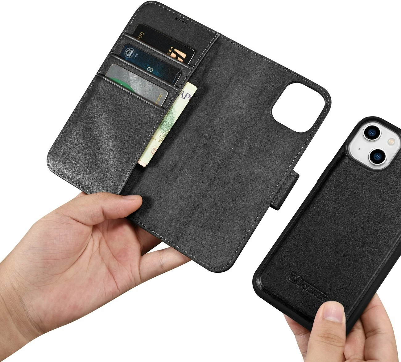 Mbështjellës iCarer Wallet Case 2in1 për iPhone 14 Plus, lëkurë natyrale, Anti-RFID, e zezë