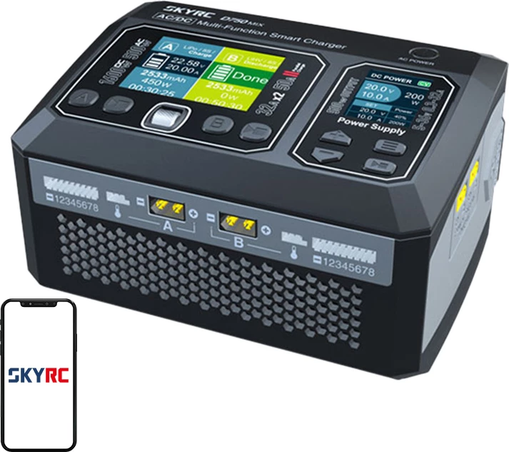 Karikues dy-kanalësh SkyRC D750 MIX AC/DC, USB-C PD 20W, karikim pa kabllo, i zi