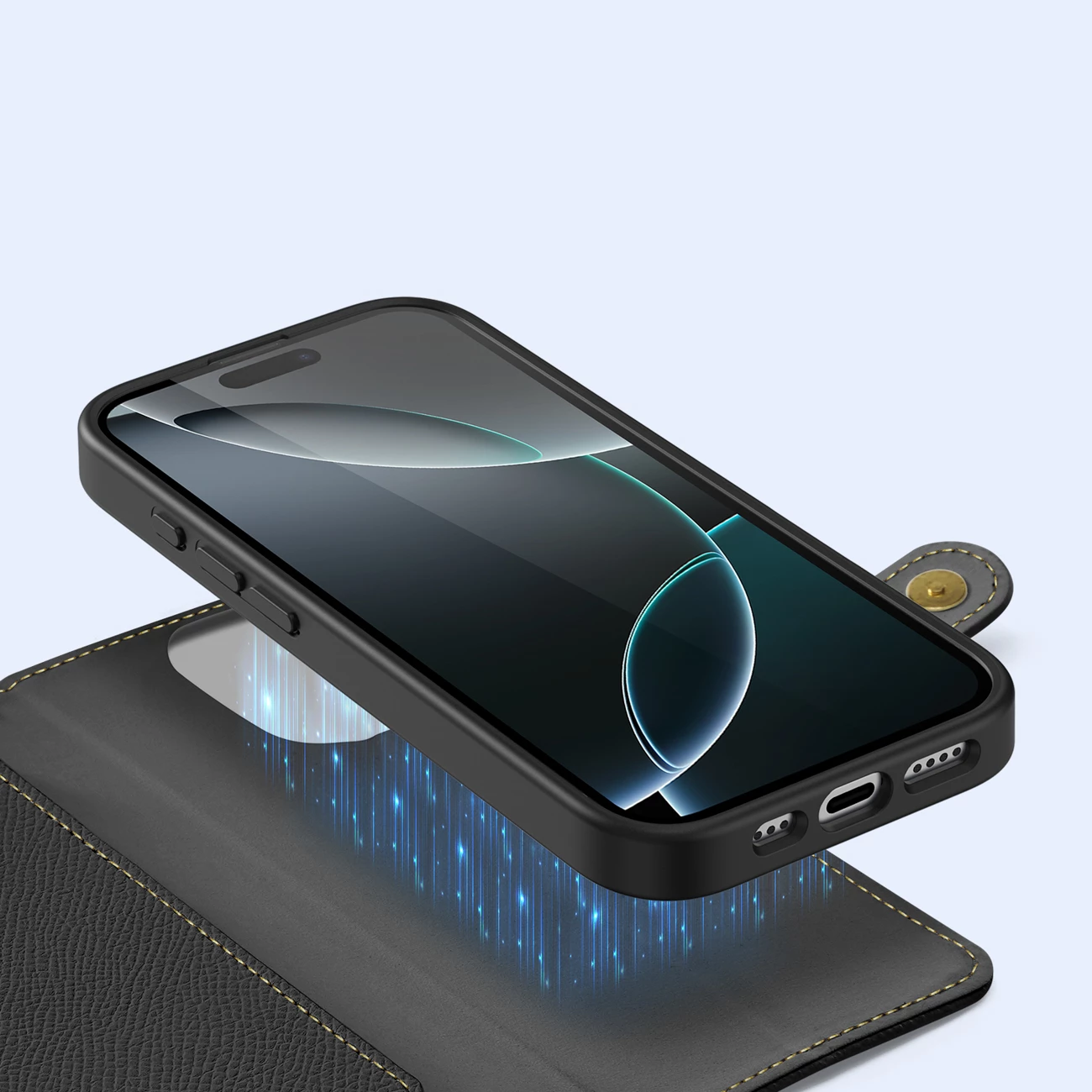 Mbështjellës Dux Ducis Lawa për iPhone 16 Pro Max, lëkurë, me portofol magnetik, i zi