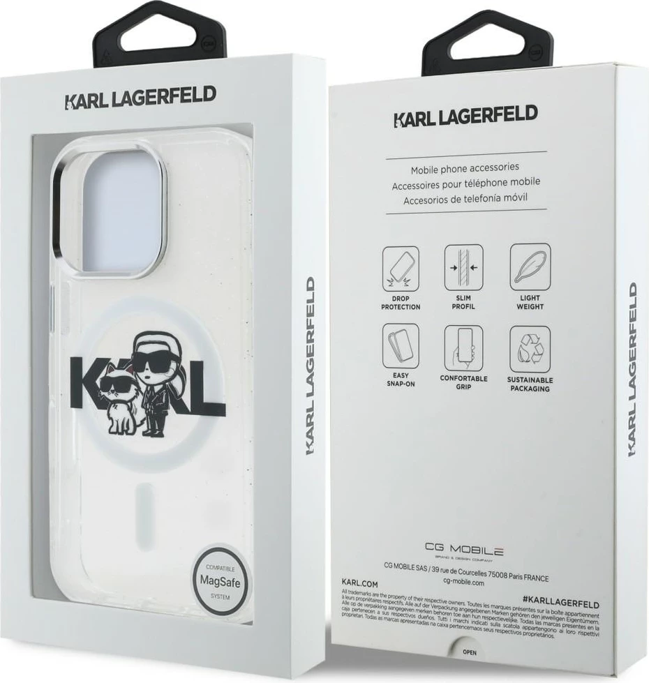 Mbështjellës MagSafe Karl Lagerfeld IML Glitter Karl & Choupette Sketch Logo për iPhone 16 Pro, transparent, në kuti