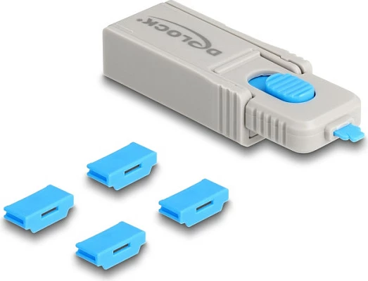 Bllokues porte HDMI DeLOCK, set 4 copë + vegël çelësi, blu/gri