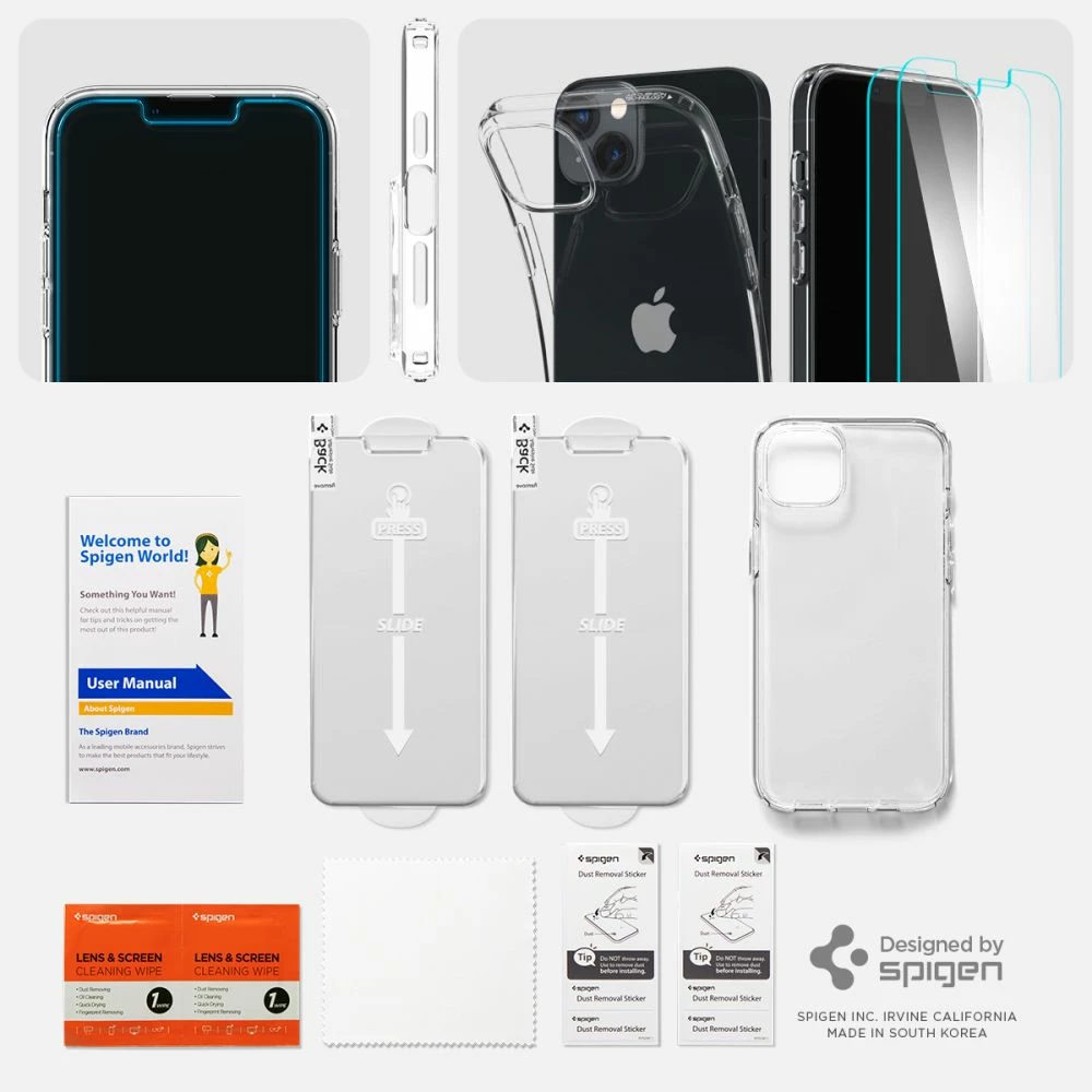 Mbështjellës Spigen Crystal me xham të temperuar për iPhone 14 Plus, Transparent, Set