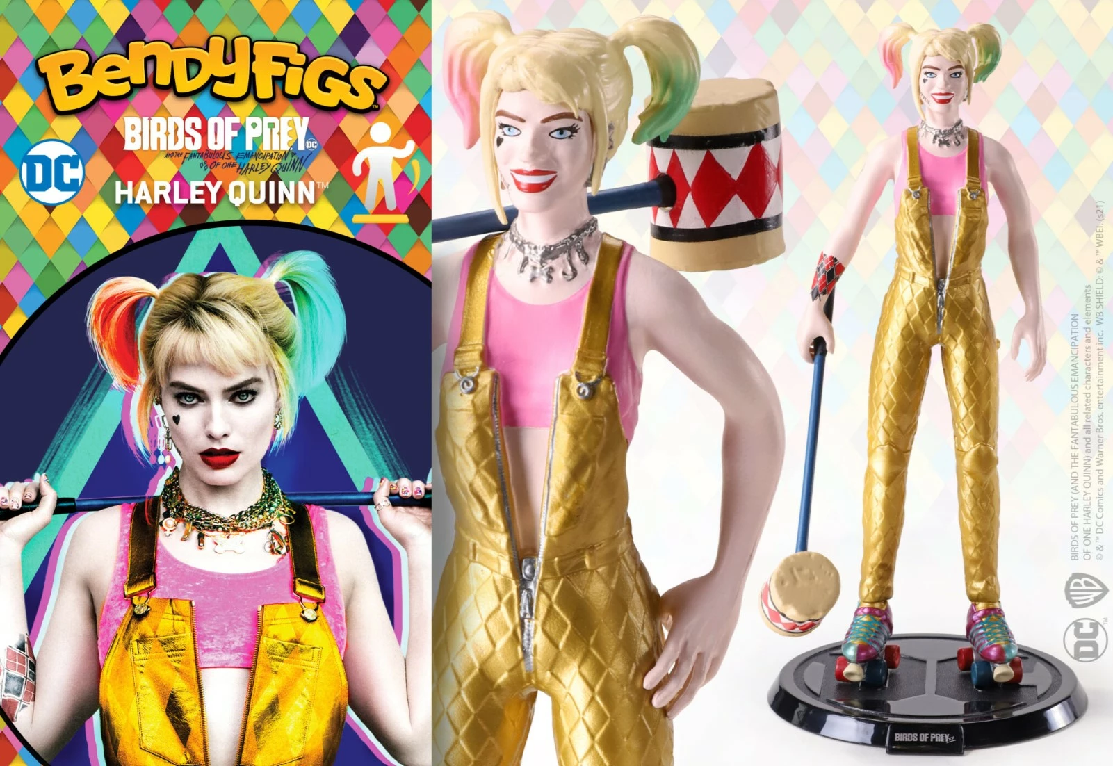 Figurinë koleksionuese fleksibile Noble Collection Bendyfigs DC Birds of Prey Harley Quinn 18 cm, me çekiç dhe bazë