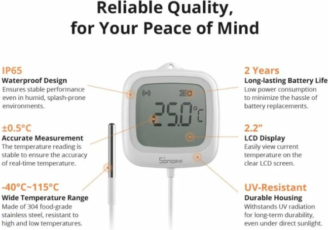 Sensor temperature ZigBee SONOFF SNZB-02LD, LCD 2.2\", IP65, sondë 1.5 m, i bardhë