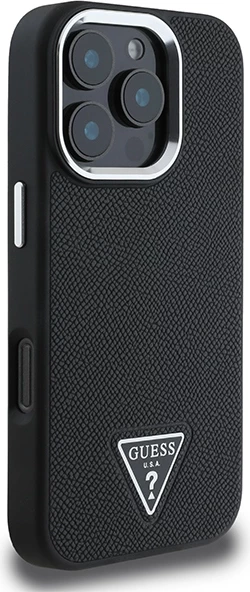Mbështjellës Guess Grained Triangle MagSafe për iPhone 16 Pro, zi