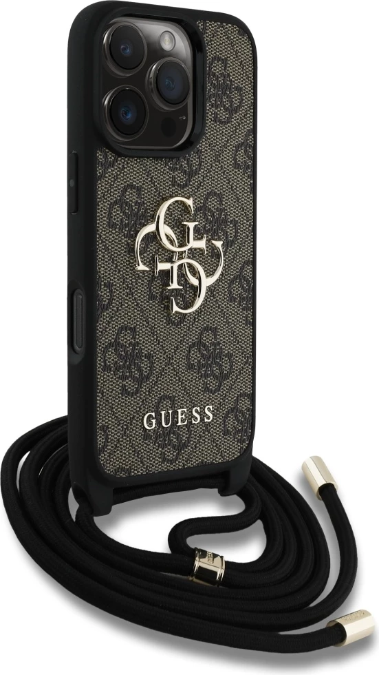Mbështjellës Guess 4G Big Logo Cord Stap Crossbody për iPhone 16 Pro Max, Kafe