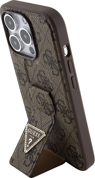Mbështjellës Guess Grip Stand 4G Triangle Strass për iPhone 15 Pro, kafe
