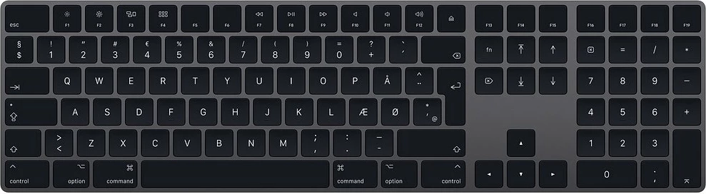 Tastierë Apple Magic Keyboard MRMH2DK/A full-size 100% wireless Bluetooth membranë QWERTY Nordic me numpad, gri (Space Gray), set me kabllo Lightning-USB