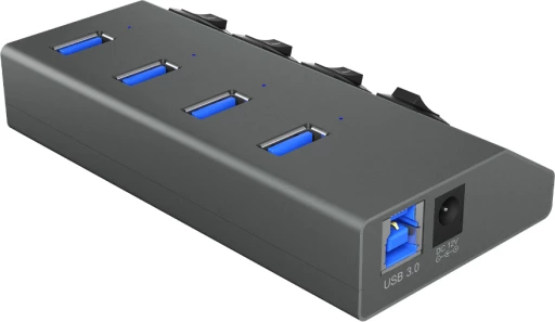 Hub USB ICYBOX IB-HUB1405, 4x USB-A 3.0, switch individual për secilin port, BC 1.2 karikim 2.4A, i furnizum me adaptor rryme, 5 Gbit/s, antracit, set me kabllo & adaptor