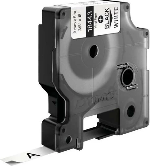 Shirit etiketime vinil, Dymo, 18443 S0718580, 9mm x 5.5m, e zezë në të bardhë