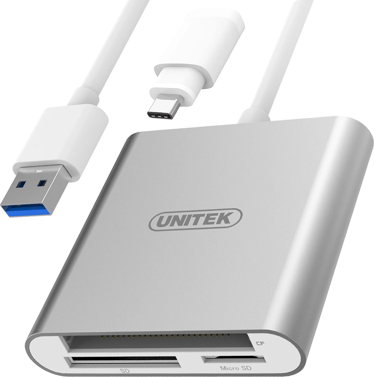 Lexues kartelash memorje Unitek Y-9313D, USB 3.0/USB-C, CF/SD/microSD, deri 2TB, argjend