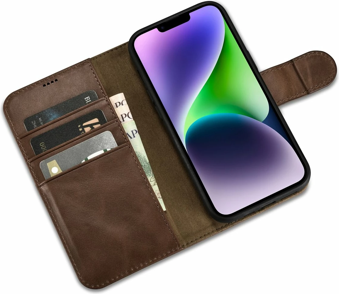 Mbështjellës iCarer Oil Wax Wallet 2in1 për iPhone 14 Plus, lëkurë natyrale, Anti-RFID, Kafe