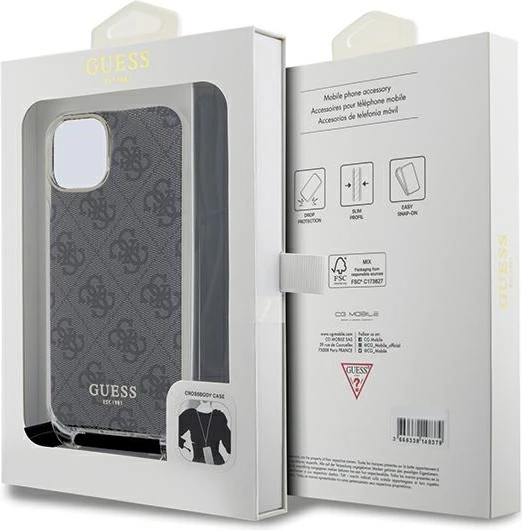 Mbështjellës Guess Crossbody Cord 4G Print për iPhone 15/14/13, i zi