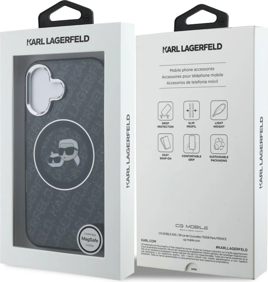 Mbështjellës Karl Lagerfeld IML Glitter Karl & Choupette Heads Logo, MagSafe, për iPhone 16, i zi, në kuti