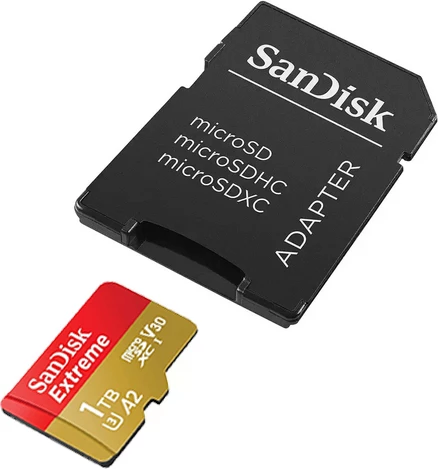 Kartelë memorje microSDXC SanDisk Extreme SDSQXAV-1T00-GN6MA 1 TB UHS-I A2 U3 V30, me adapter SD, e kuqe/ari