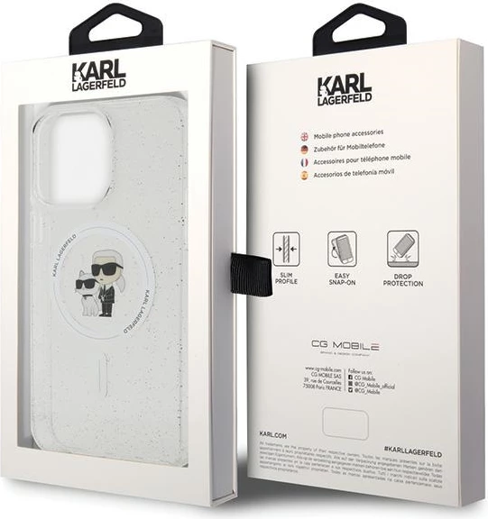 Mbështjellës Karl Lagerfeld Karl&Choupette Glitter MagSafe për iPhone 15 Pro Max, transparent