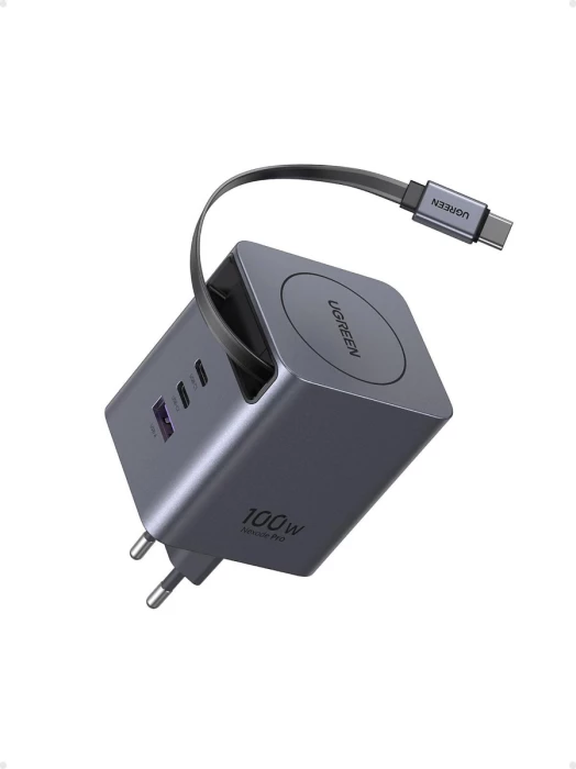 Karikues USB-C GaN UGREEN X616 (65828) 100W me kabllo tërheqëse 0.75 m, 4 porta, gri