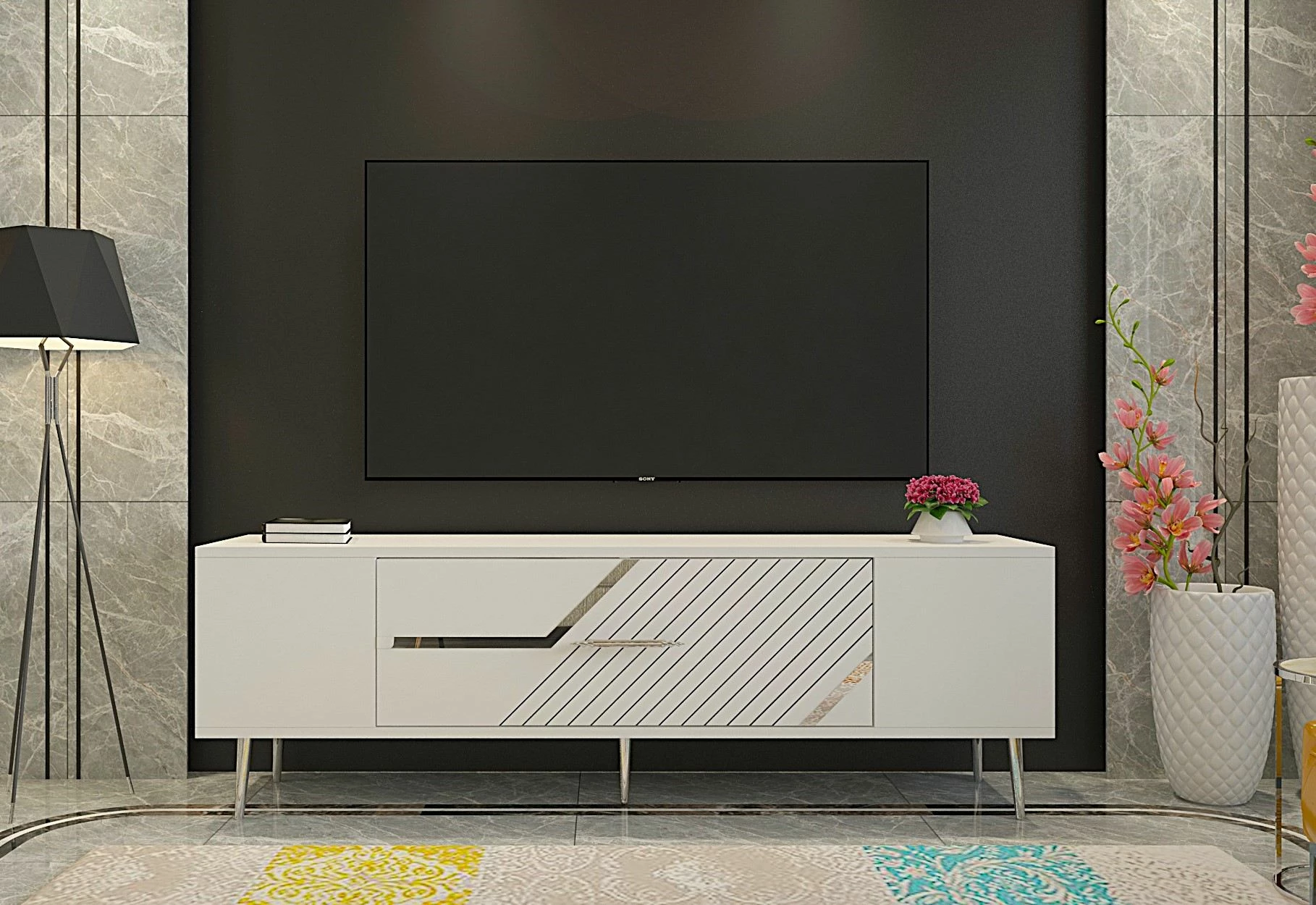 Komodë TV Skye Decor, e bardhë, argjend
