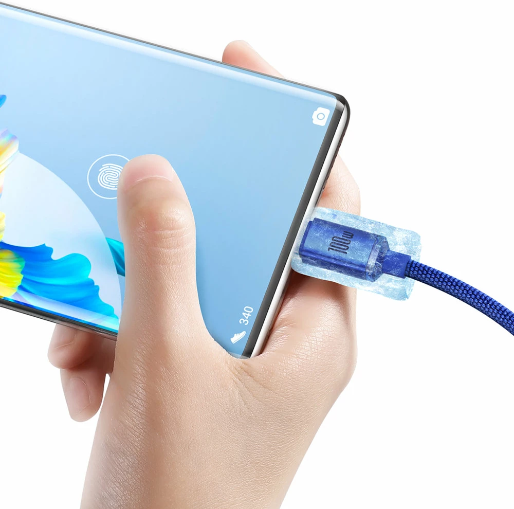 Kabllo karikimi e shpejtë Baseus Crystal Shine Series USB-A në USB-C, 1.2m, 100W, Kaltër
