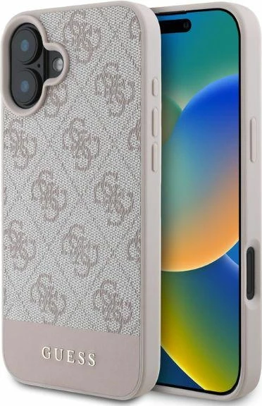 Mbështjellës Guess 4G Bottom Stripe për iPhone 16 6.1", hardcase TPU/PC/eko-lëkurë, rozë