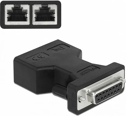 Adapter DeLOCK D-Sub 15-pin (femër) në 2x RJ45 (femër) AUI, i zi