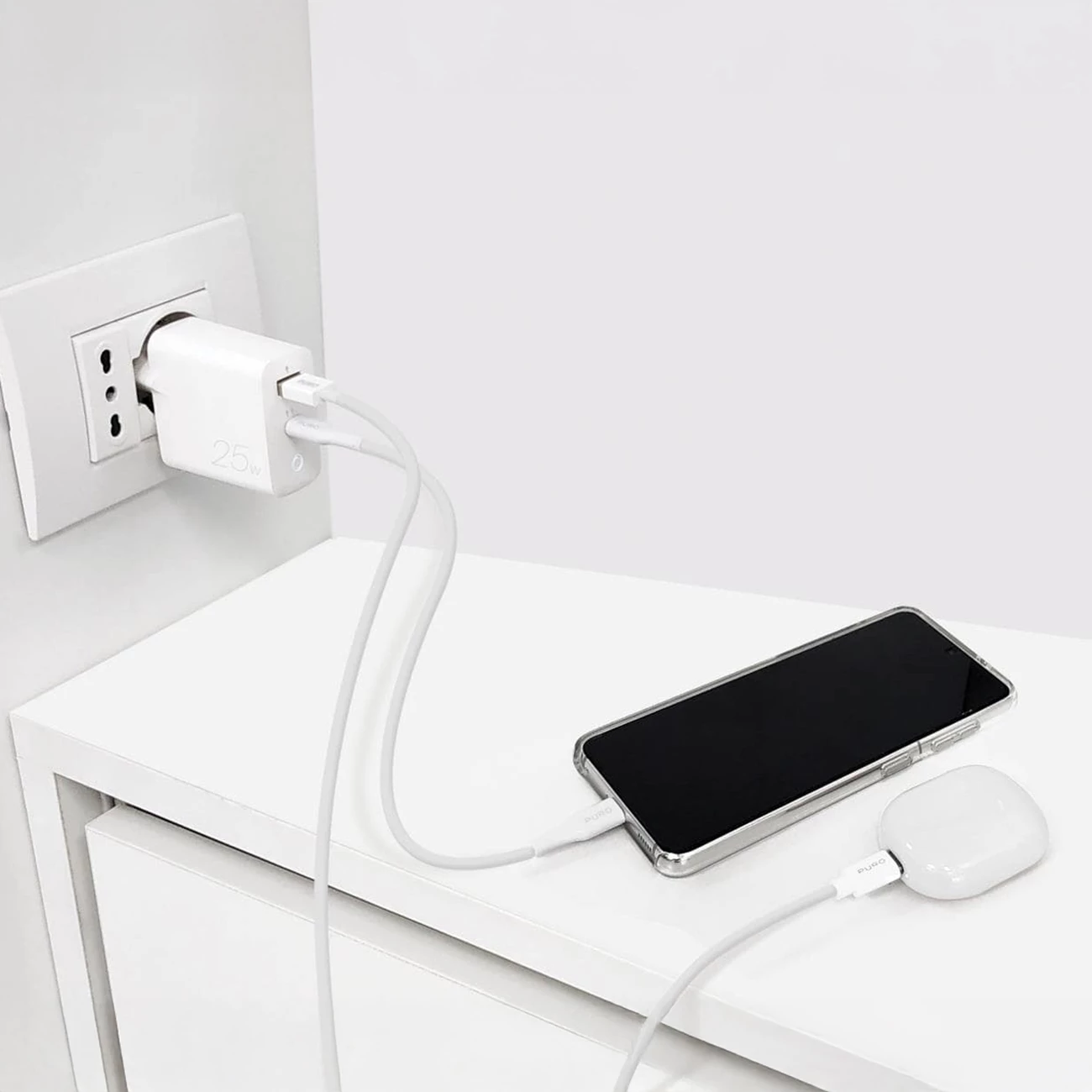 Karikues muri Puro Elektrik 25W, USB-A & USB-C, i bardhë