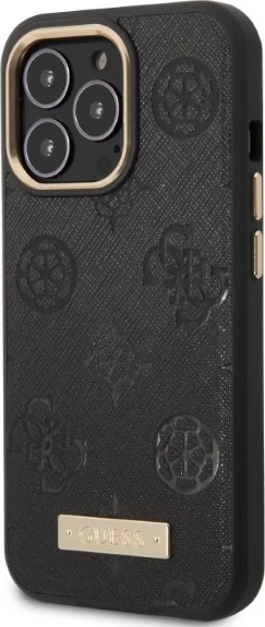 Mbështjellës Guess Peony Logo Plate për iPhone 13/13 Pro 6.1", MagSafe, i zi