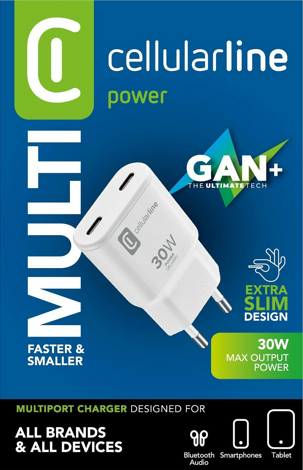 Karikues USB-C Cellular Line Duo GaN 30W, 2x USB-C, Power Delivery, i bardhë