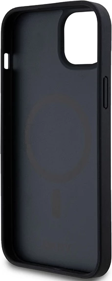 Mbështjellës DKNY Leather Pattern Metal Logo MagSafe për iPhone 15/14/13, i zi