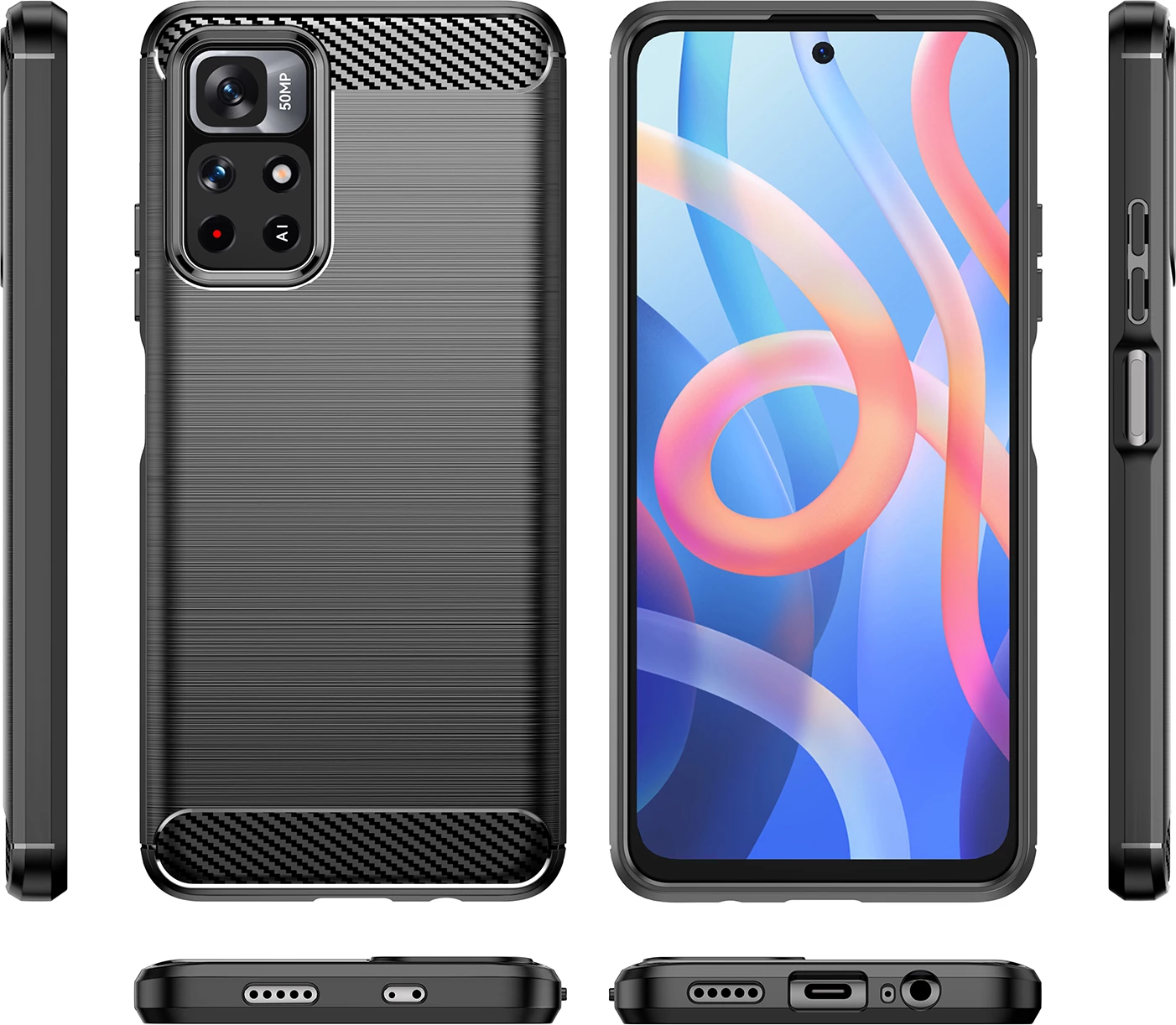 Mbështjellës Hurtel Carbon Case për Xiaomi Redmi Note 11, i zi