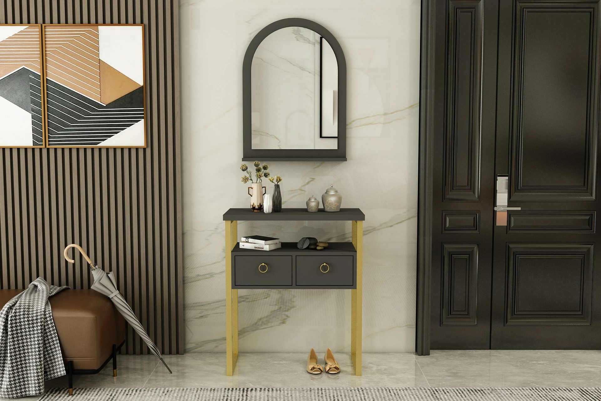 Komodë me pasqyrë, ngjyrë antracit dhe ari, Hanah Home, Mipa Mirrored