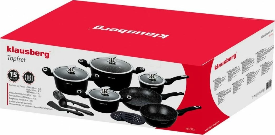 Set tenxheresh dhe tiganësh Klausberg KB-7322, veshje graniti/mermeri, 15 copë, e zezë