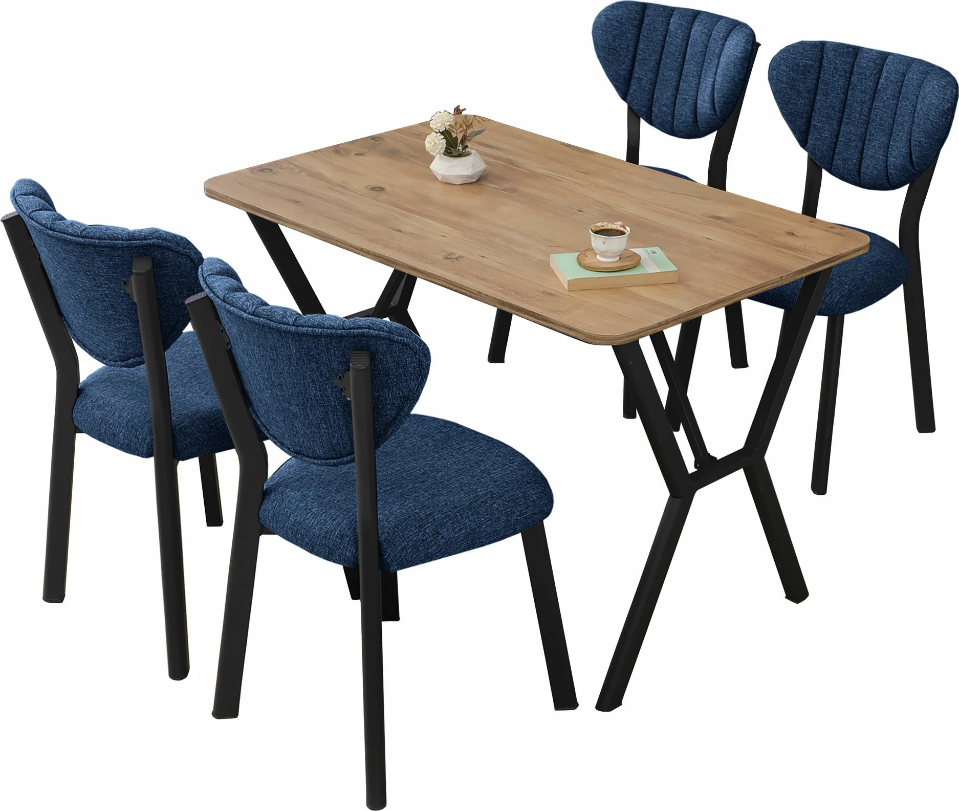 Tavolinë me karrige, zgjatshme, 5 copë, Skye Decor, elma, blu e errët, arrë