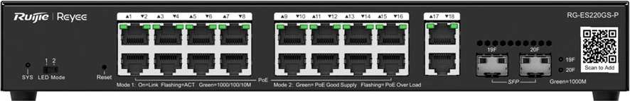 Switch Ruijie RG-ES220GS-P, 16 porte Gigabit, 2 SFP, PoE, i zi