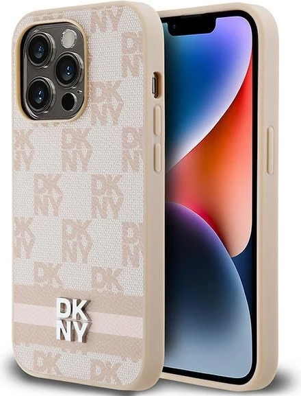 Mbështjellës DKNY Checkered Mono Pattern & Printed Stripes për iPhone 14 Pro, rozë