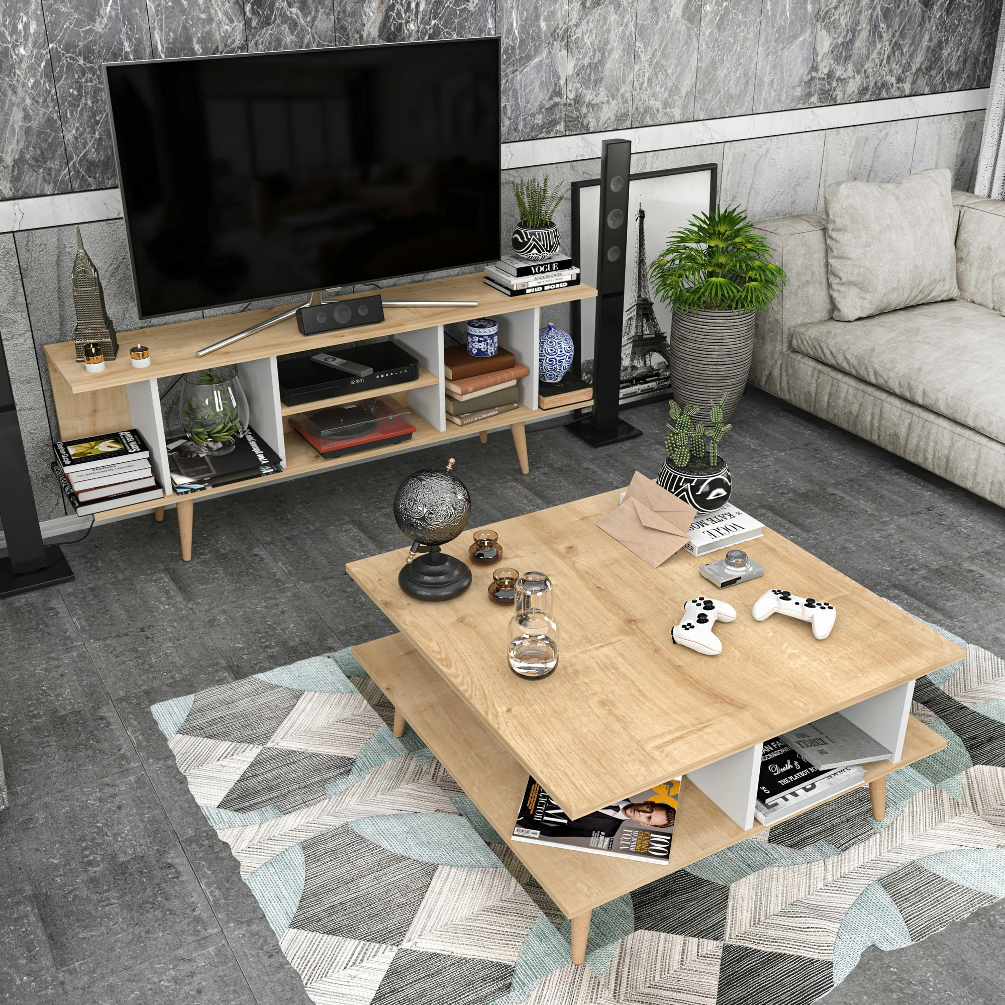 Komodinë TV Skye Decor, ngjyrë safir dhe e bardhë