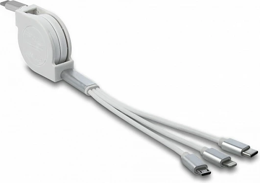 Kablë karikimi 3-në-1 DeLOCK USB-C retraktabile, 0.98 m, USB-C në Lightning/Micro-USB/USB-C, bardhë/argjendtë