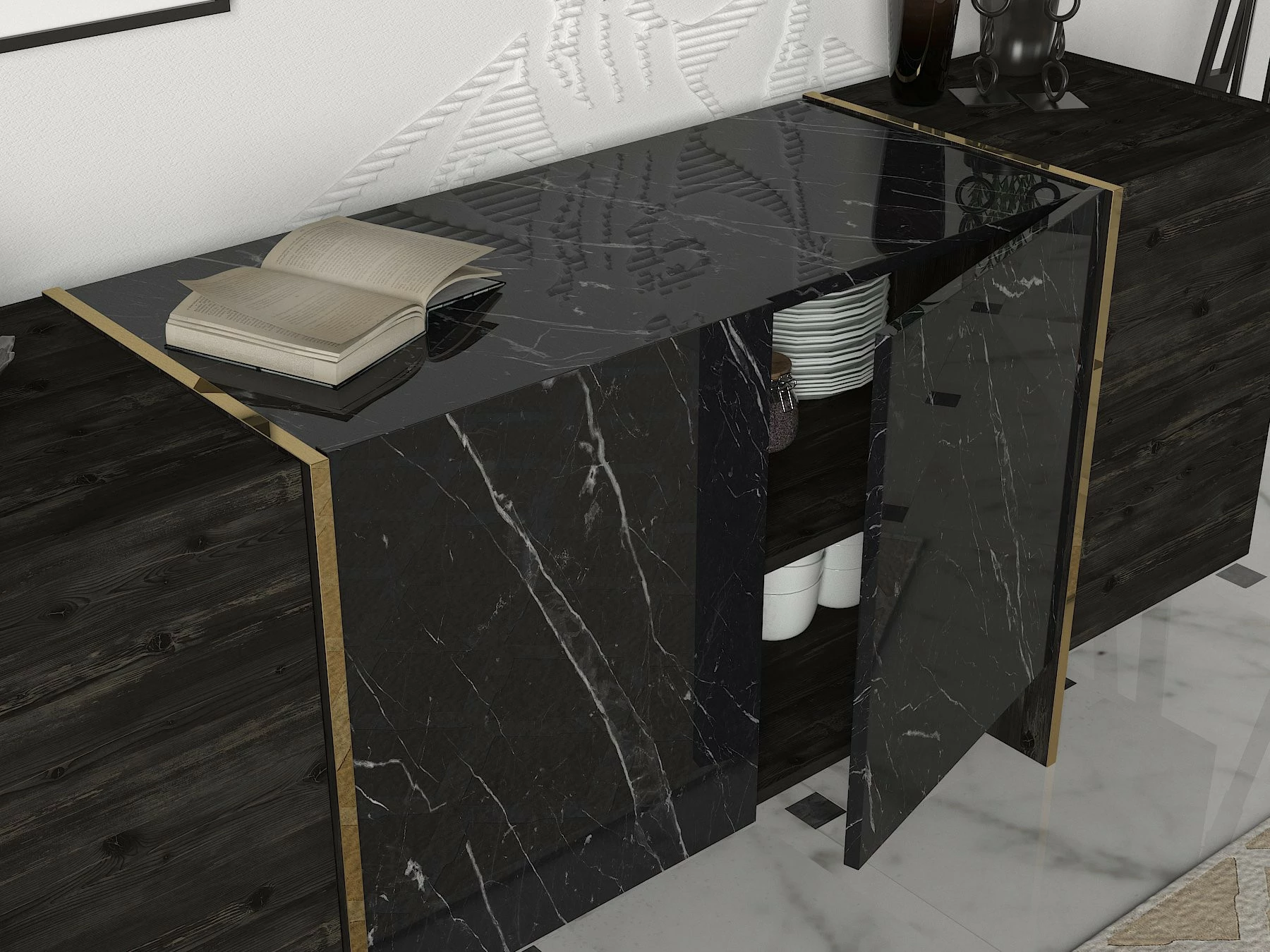 Konsolë moderne, ngjyrë e zezë dhe ari, Skye Decor, Veyron