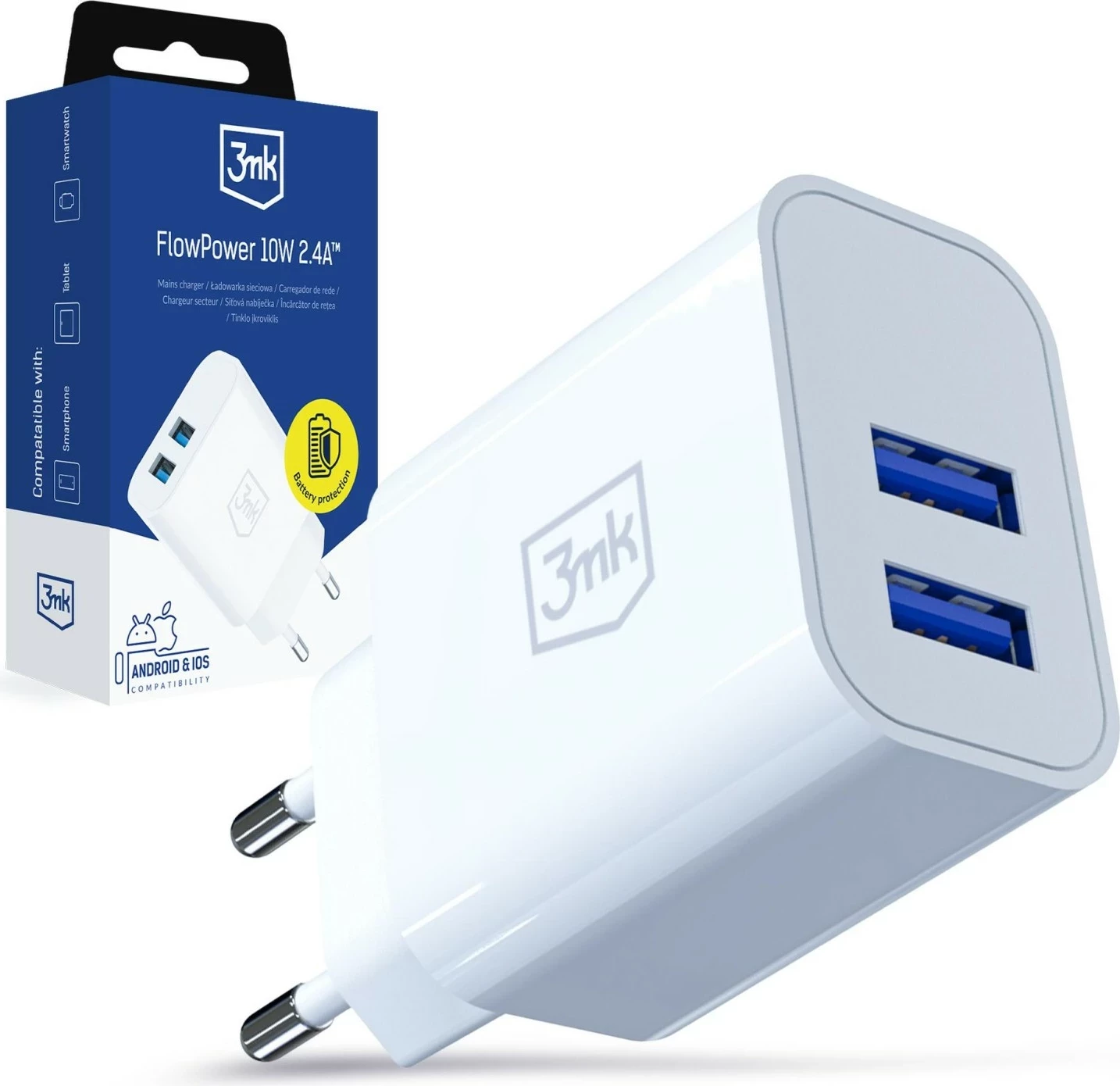 Karikues rrjeti 3MK FlowPower 10W, 2 porta USB-A, i bardhë