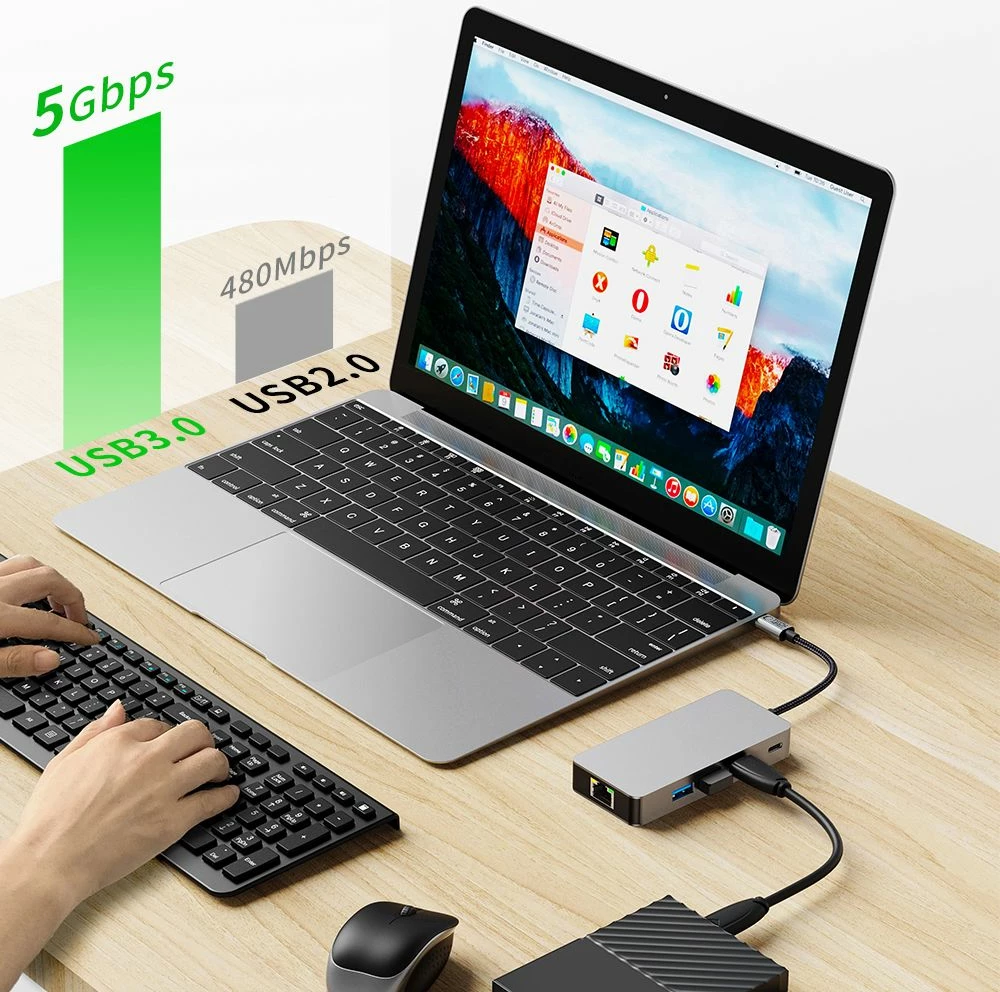 HUB Tech-Protect HB05 9-në-1, USB-C, HDMI 4K, RJ45, SD/TF, Gri