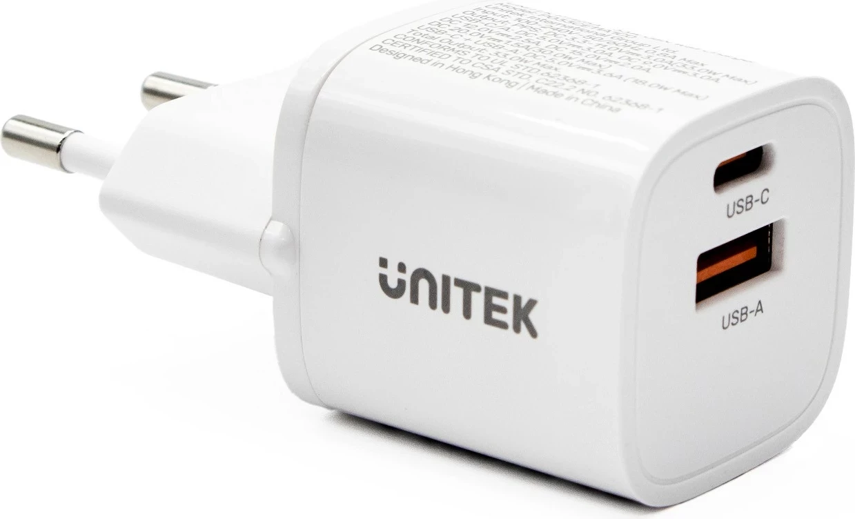 Karikues rrjeti Unitek, 1x USB-A 1x USB-C QC 33W, bardhë