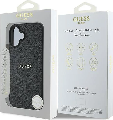 Mbështjellës Guess 4G Ring Classic Logo MagSafe për iPhone 16 Plus, i zi
