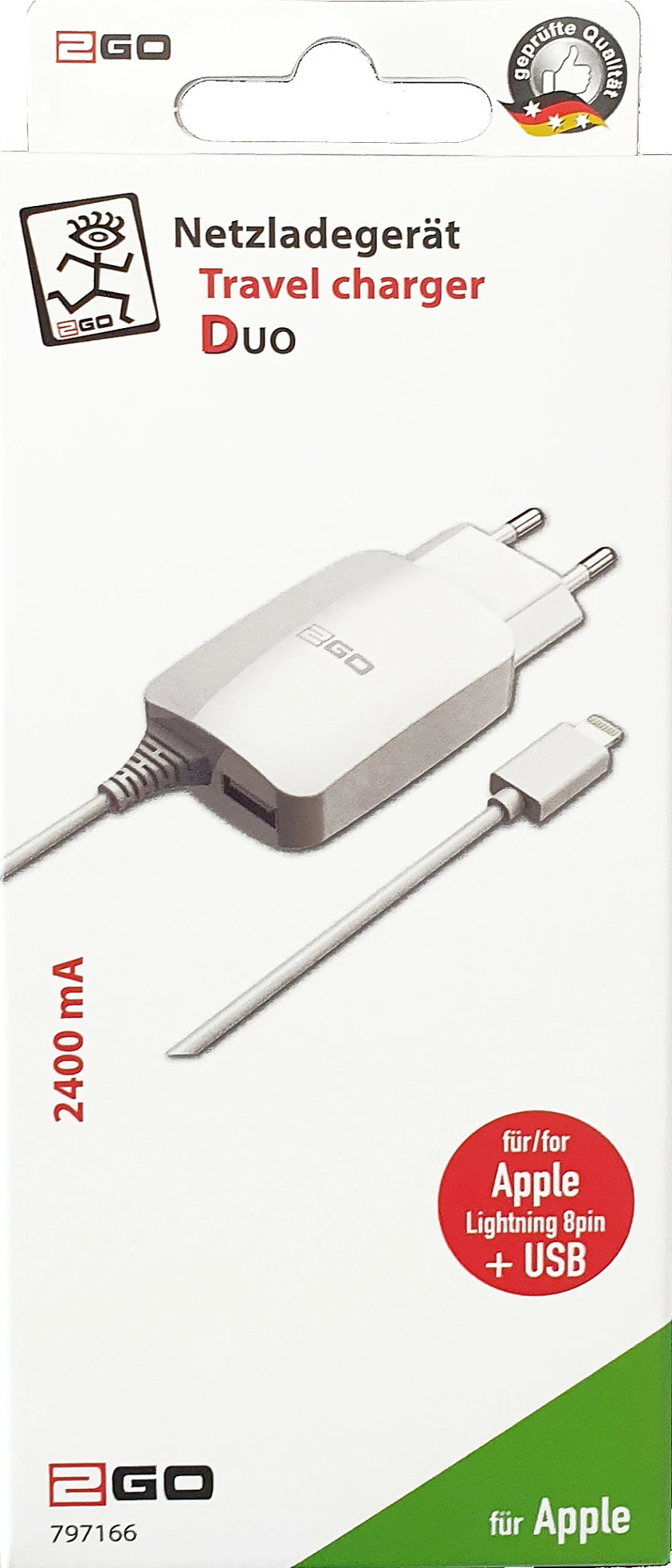 Karikues muri 2GO 797166, Lightning, 2.1A, kabllo 1.4m, i bardhë