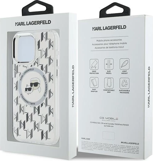 Mbështjellës Karl Lagerfeld IML Monogram Karl & Choupette Head MagSafe për iPhone 15 Pro Max, Transparent