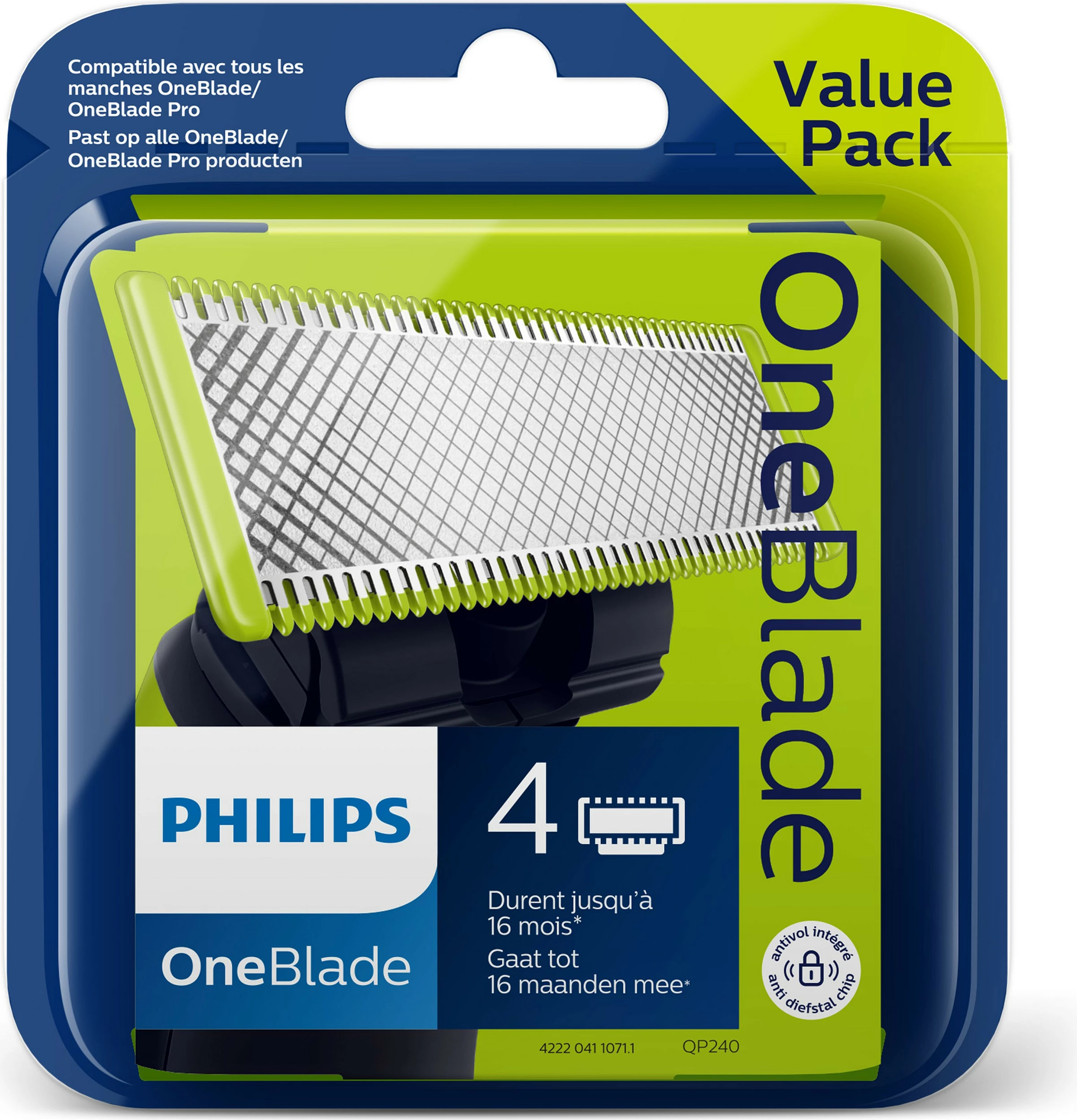 Tehe zëvendësues për Makinë rroje Philips OneBlade QP240/50, 4 copë, argjend/jeshile e çelët