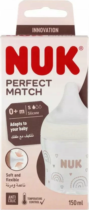 Biberon NUK Perfect Match 10743092 150 ml me biberon silikoni, indikator temperature, anti-kolik, transparent/bezhë, 1 copë