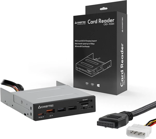 Panel i brendshëm lexues kartelash + USB hub CHIEFTEC CRD-908H 3.5\", 4x USB 3.2 Gen1 Type-A/Type-C, QC3.0/PD3.0, SD/microSD, e zezë