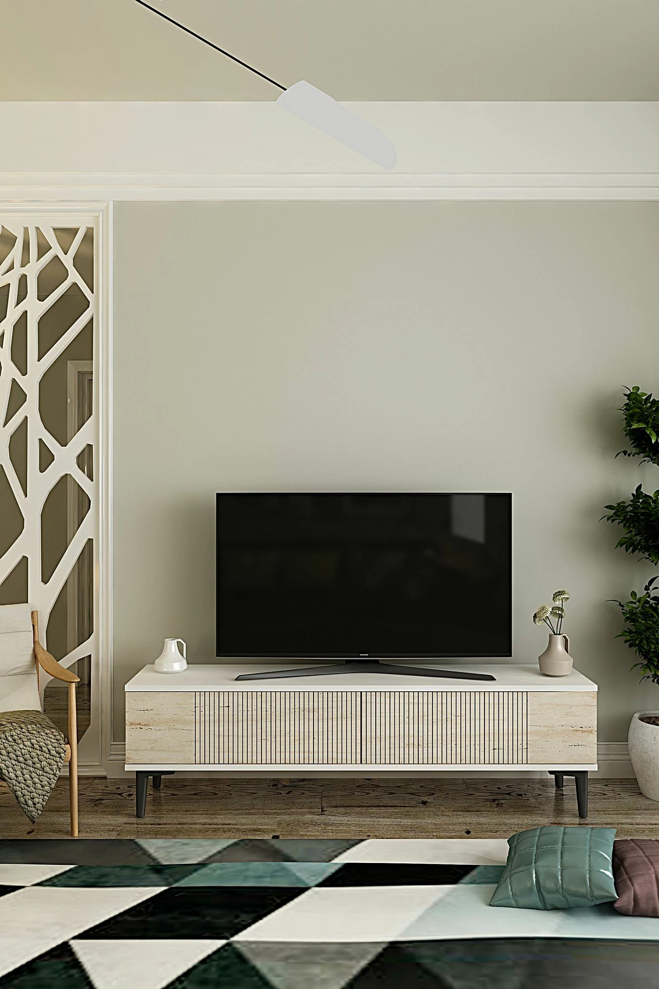 Komodë TV Skye Decor, Corsa 120, e bardhë, travertin