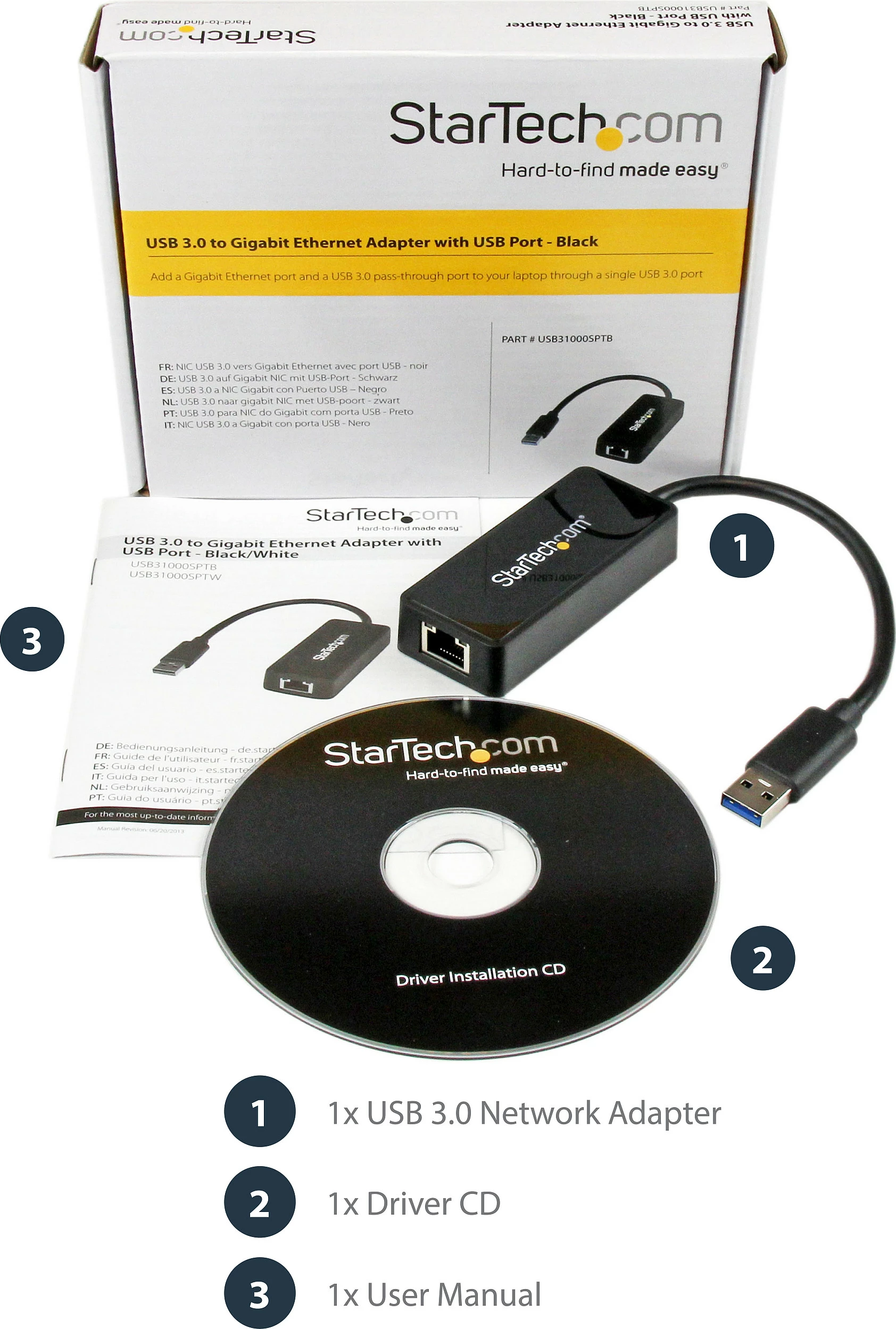 Adapter USB 3.0 në Gigabit Ethernet StarTech USB31000SPTB, me port USB pass-through, i zi