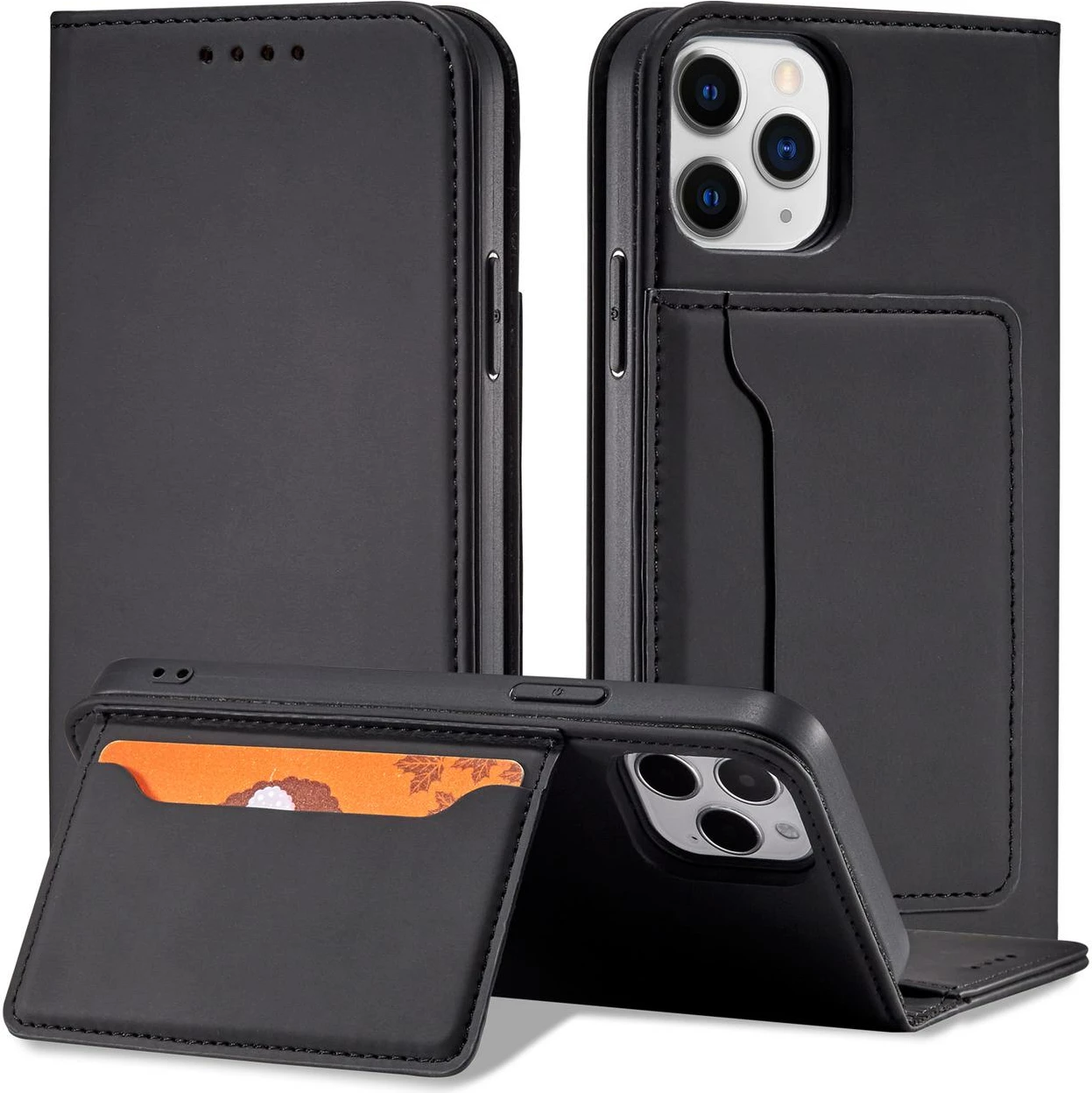 Mbështjellës Hurtel Magnet Card Case për iPhone 12 Pro Max, me portofol dhe mbajtëse, i zi